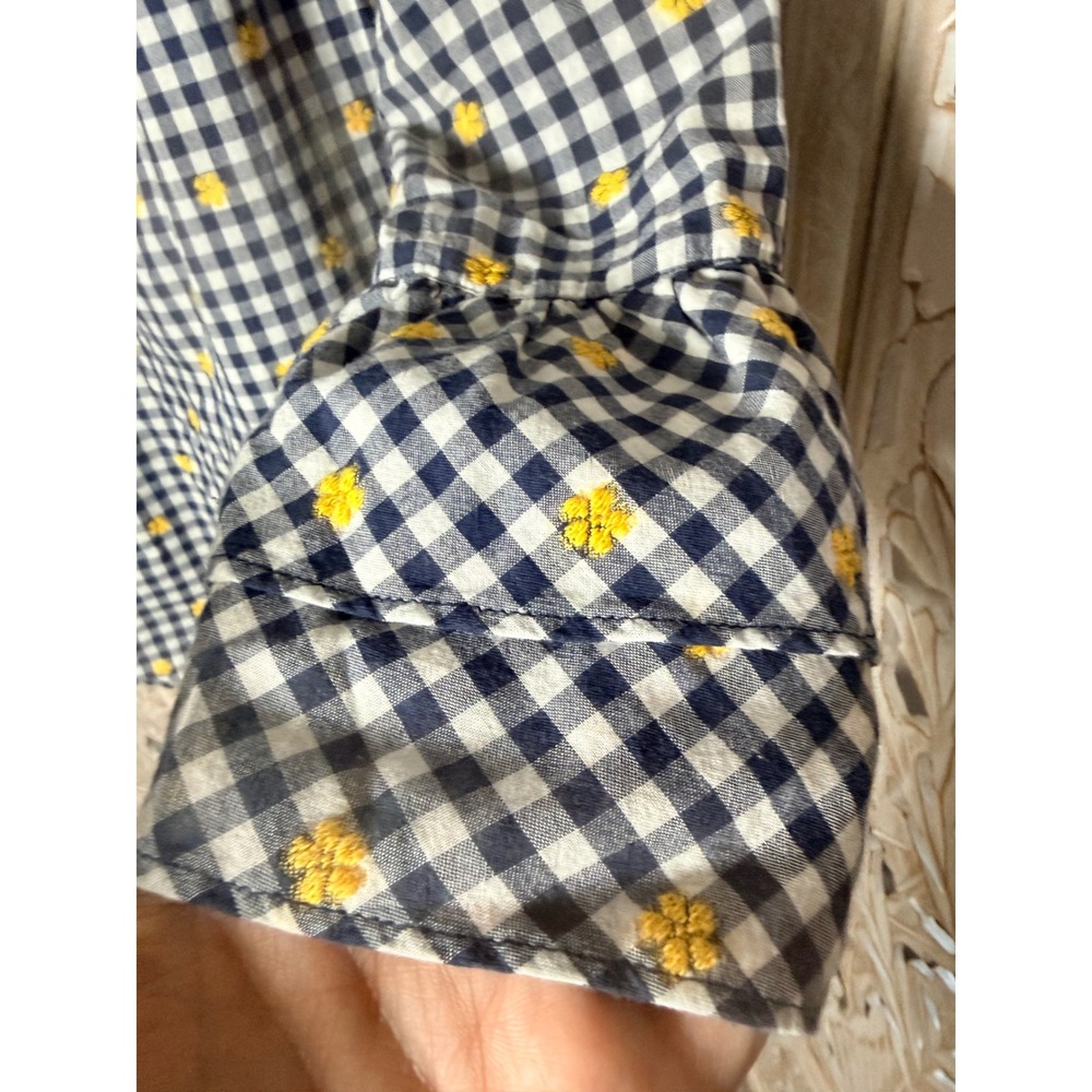 Talbots Womens Navy White Gingham Yellow Embroidered Flower Bell Sleeve Blouse L - Picture 7 of 8
